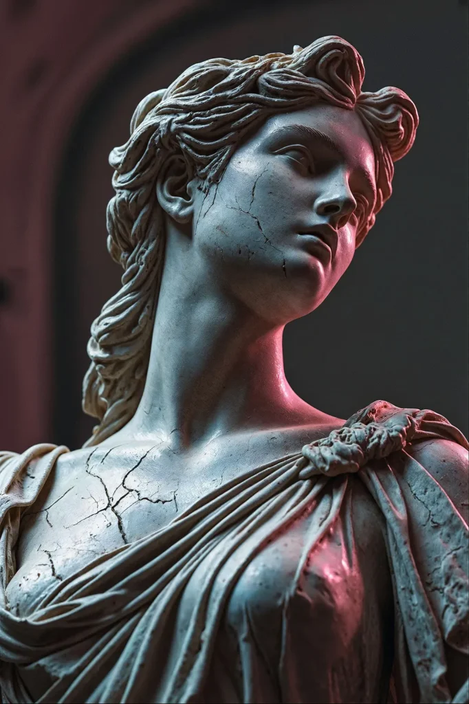 A weathered marble statue of a lady justice, bathed in dramatic pink and blue lighting. Cracks on the surface evoke a sense of timeless beauty and fragility.
